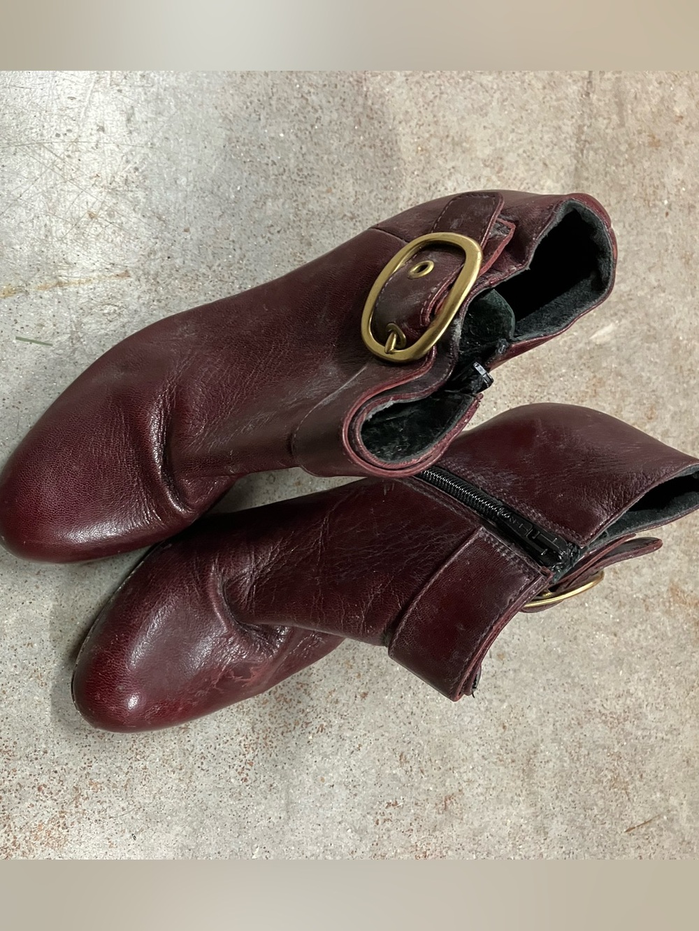 Coach Burgundy Leather Ankle Boots with Brass Buckle